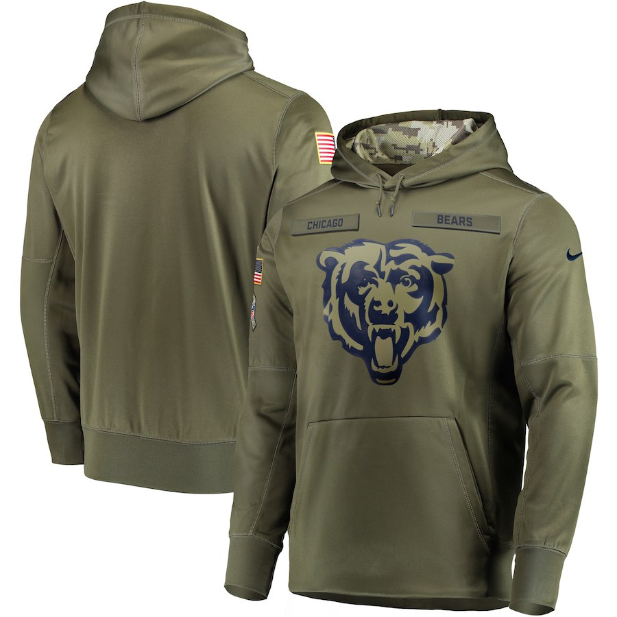 Men's Chicago Bears 2018 Olive Salute to Service Sideline Therma Performance Pullover Stitched Hoodie